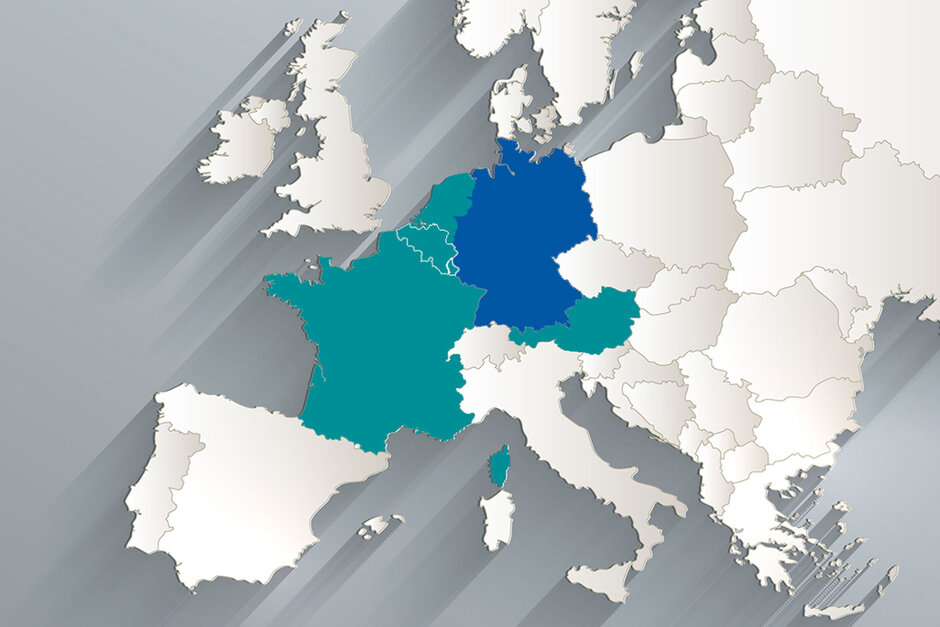 Karte von Europa, Deutschland, Frankreich, BeNeLux und Österreich sind farblich hervorgehoben.